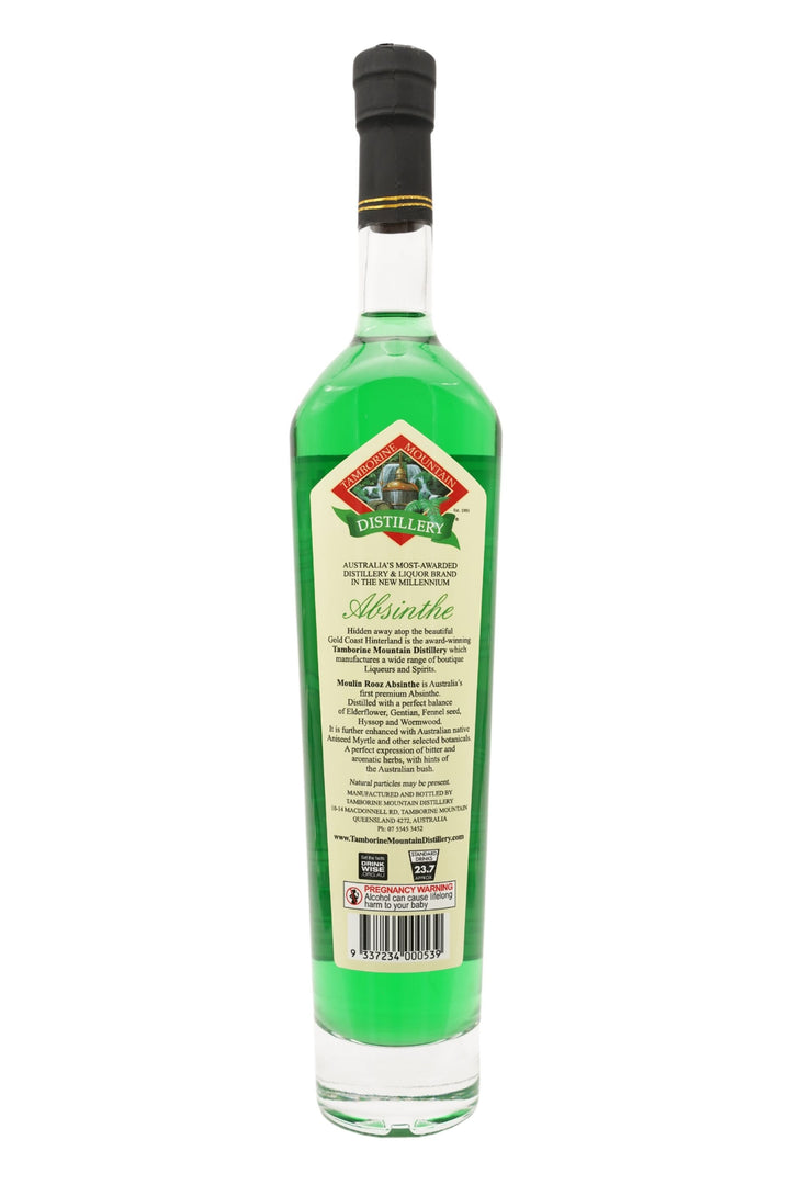Back view 500ml handcrafted clear glass bottle of Tamborine Mountain Distillery’s Absinthe, featuring a kangaroo illustration on the label