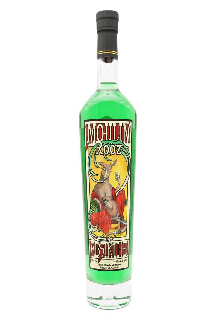 Front view 500ml handcrafted clear glass bottle of Tamborine Mountain Distillery’s Absinthe, featuring a kangaroo illustration on the label