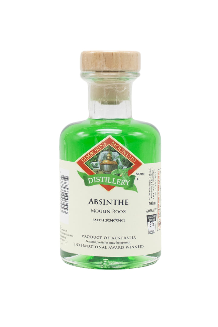 200ml handcrafted bottle of Tamborine Mountain Distillery’s Absinthe, in clear glass with small artisan label