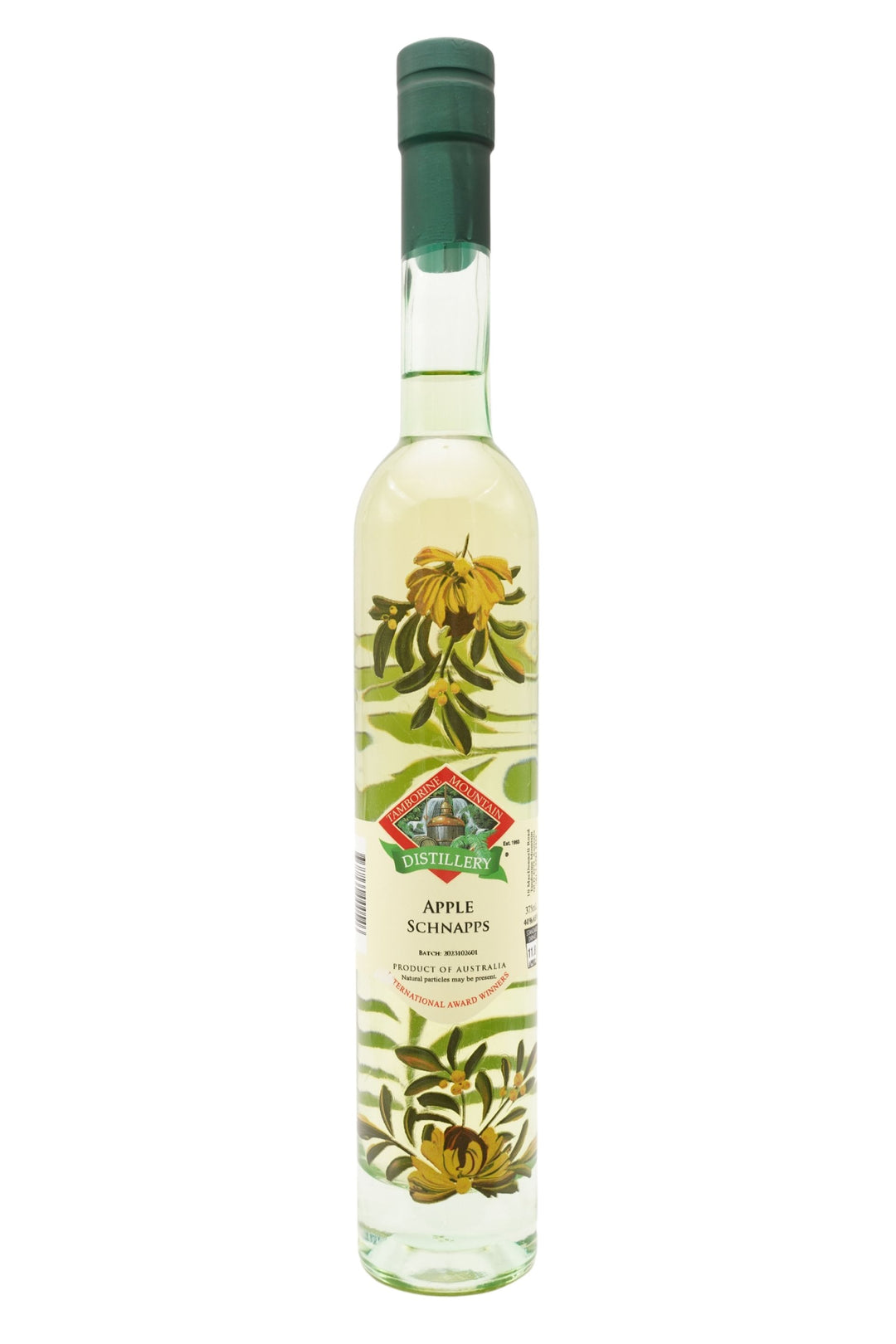 375ml handcrafted bottle of Tamborine Mountain Distillery’s Apple Schnapps, featuring botanical artwork, coloured glass, and small artisan label