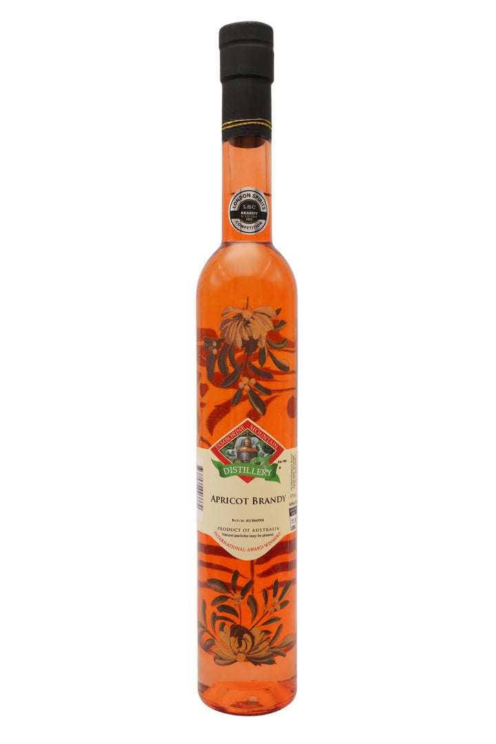375ml handcrafted bottle of Tamborine Mountain Distillery’s Apricot Brandy, featuring botanical artwork, coloured glass, and small artisan label