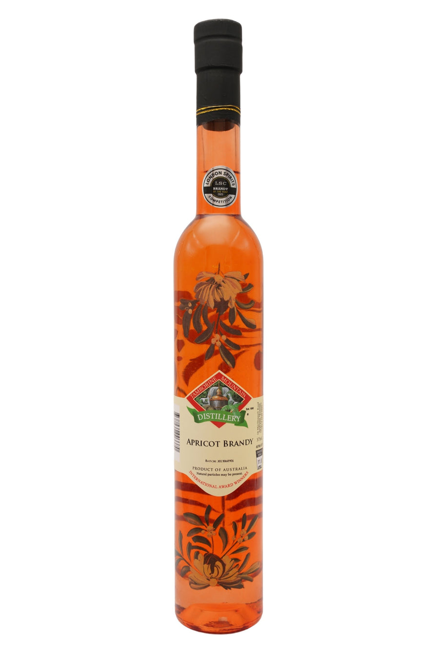 375ml handcrafted bottle of Tamborine Mountain Distillery’s Apricot Brandy, featuring botanical artwork, coloured glass, and small artisan label