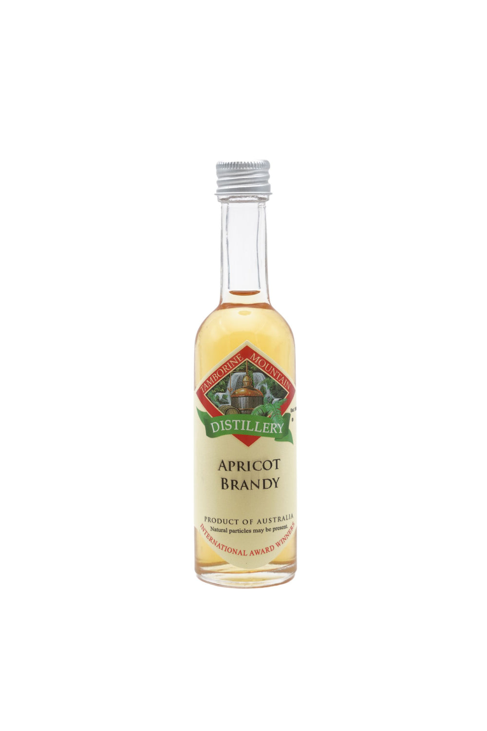 55ml handcrafted bottle of Tamborine Mountain Distillery’s Apricot Brandy, in clear glass with small artisan label