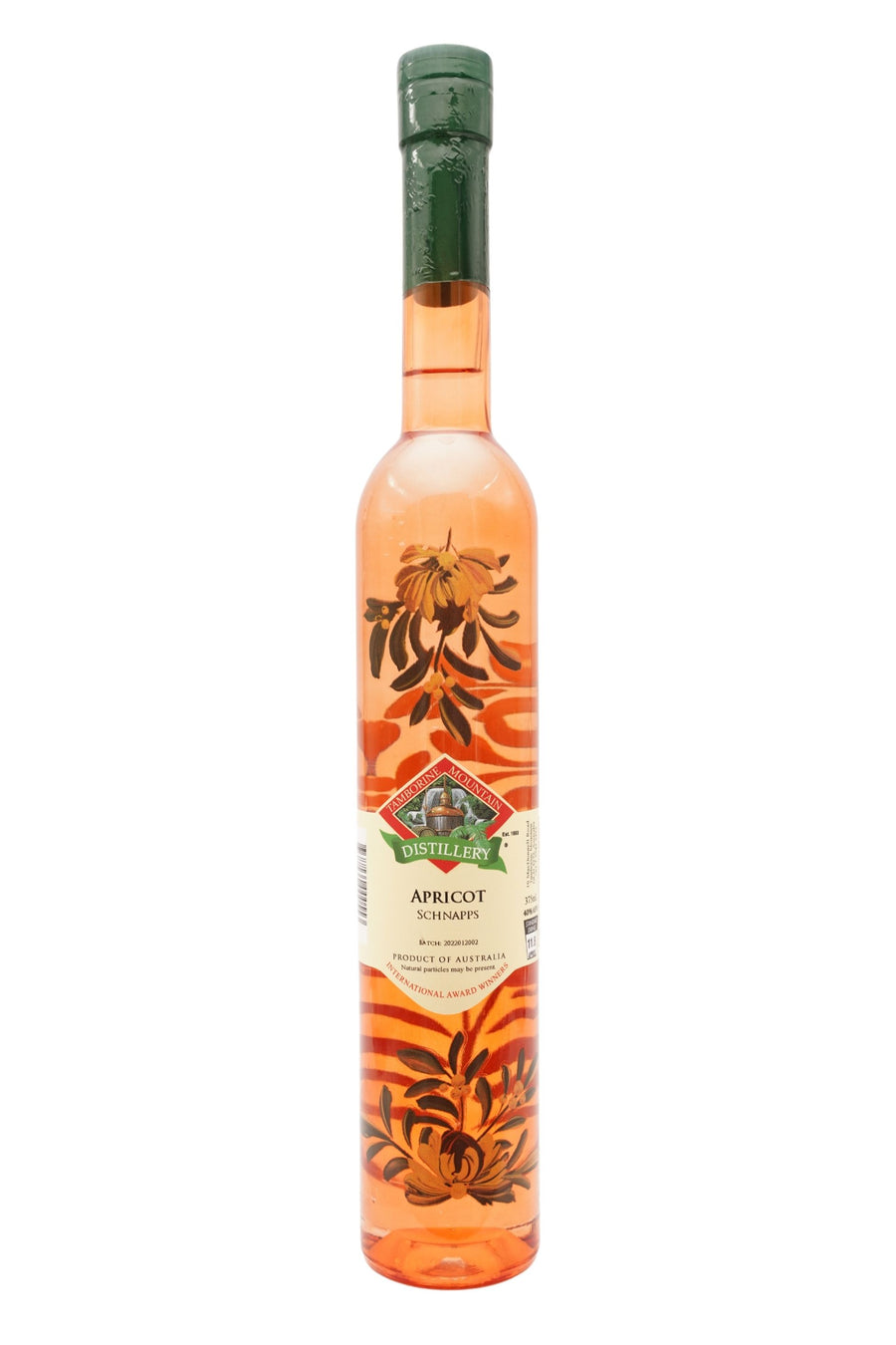 375ml handcrafted bottle of Tamborine Mountain Distillery’s Apricot Schnapps, featuring botanical artwork, coloured glass, and small artisan label