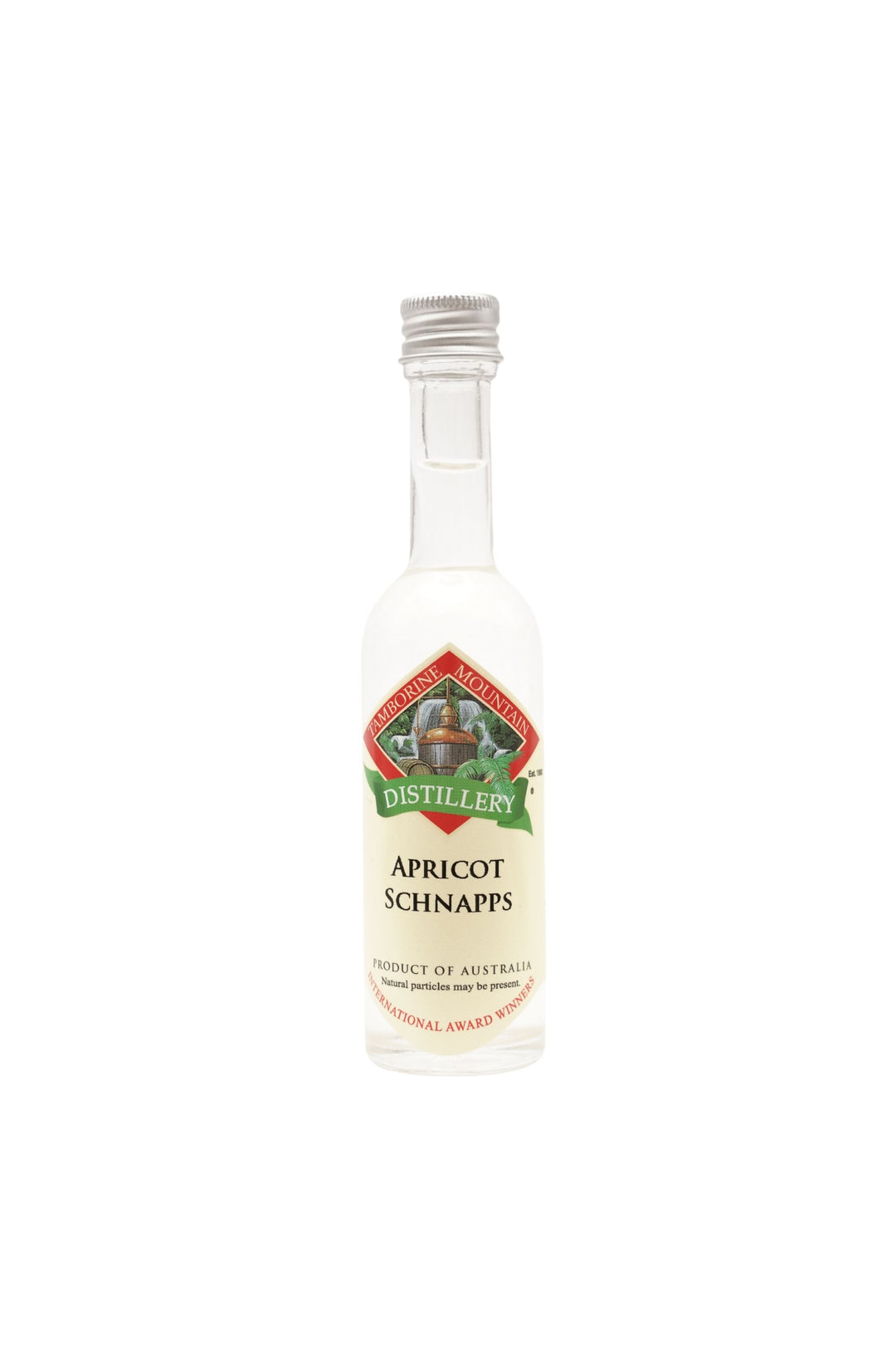 55ml handcrafted bottle of Tamborine Mountain Distillery’s Apricot Schnapps, in clear glass with small artisan label