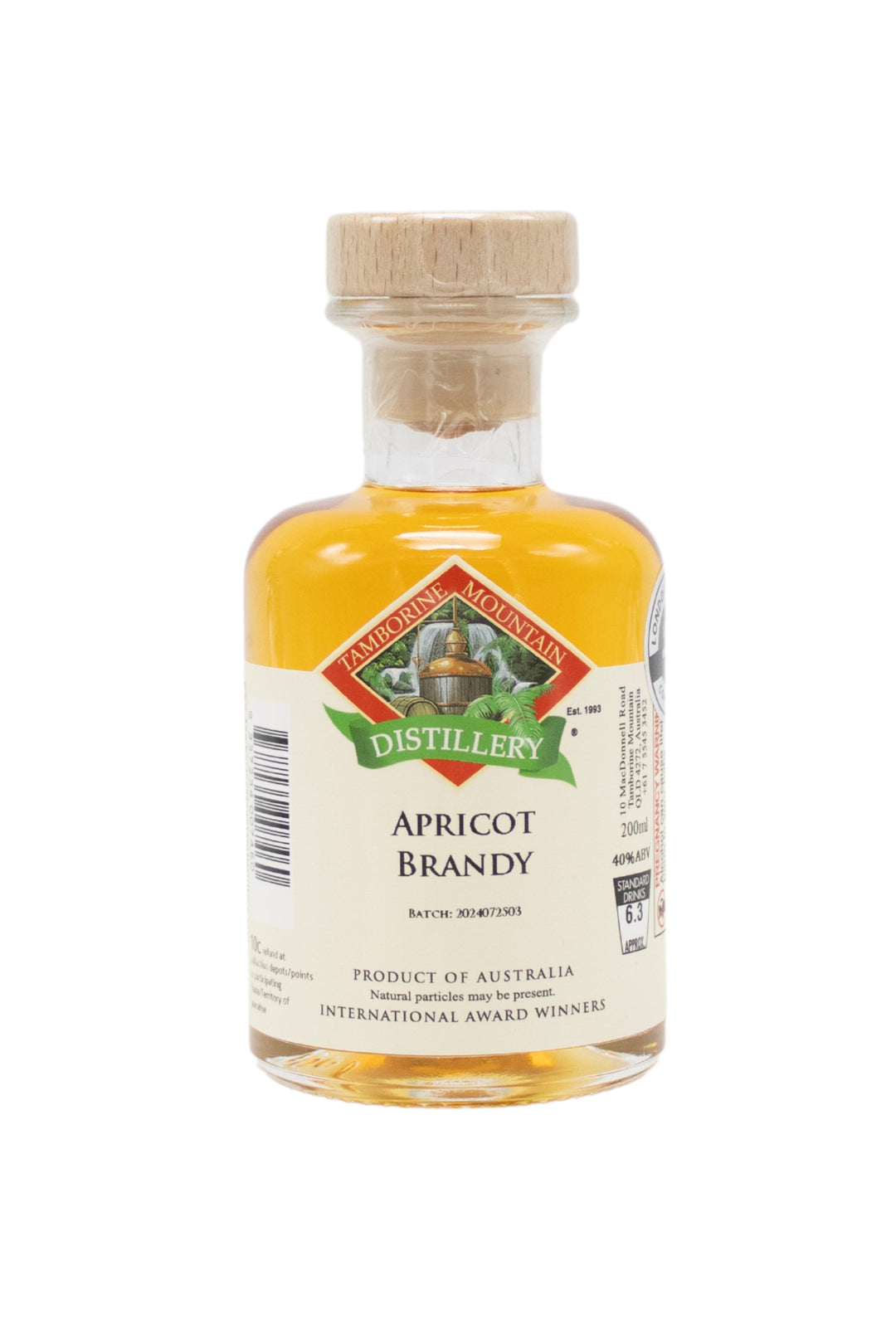 200ml handcrafted bottle of Tamborine Mountain Distillery’s Apricot Brandy, in clear glass with small artisan label