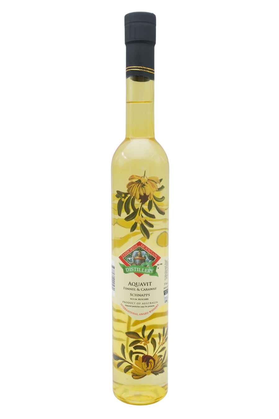 375ml handcrafted bottle of Tamborine Mountain Distillery’s Aquavit, featuring botanical artwork, coloured glass, and small artisan label