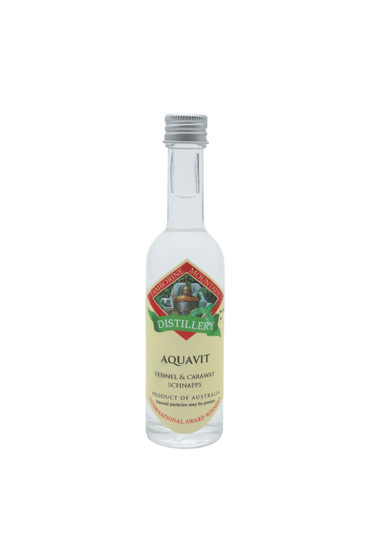 55ml handcrafted bottle of Tamborine Mountain Distillery’s Aquavit, in clear glass with small artisan label