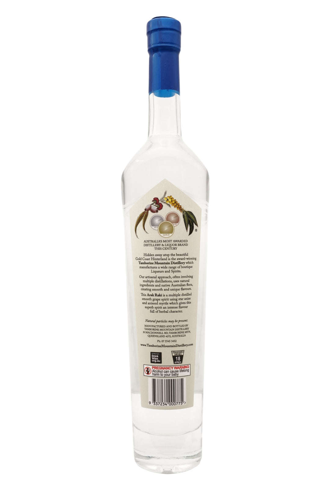 Back view of 500ml handcrafted clear glass bottle of Tamborine Mountain Distillery’s Arak Raki, featuring a label and a watercolour design