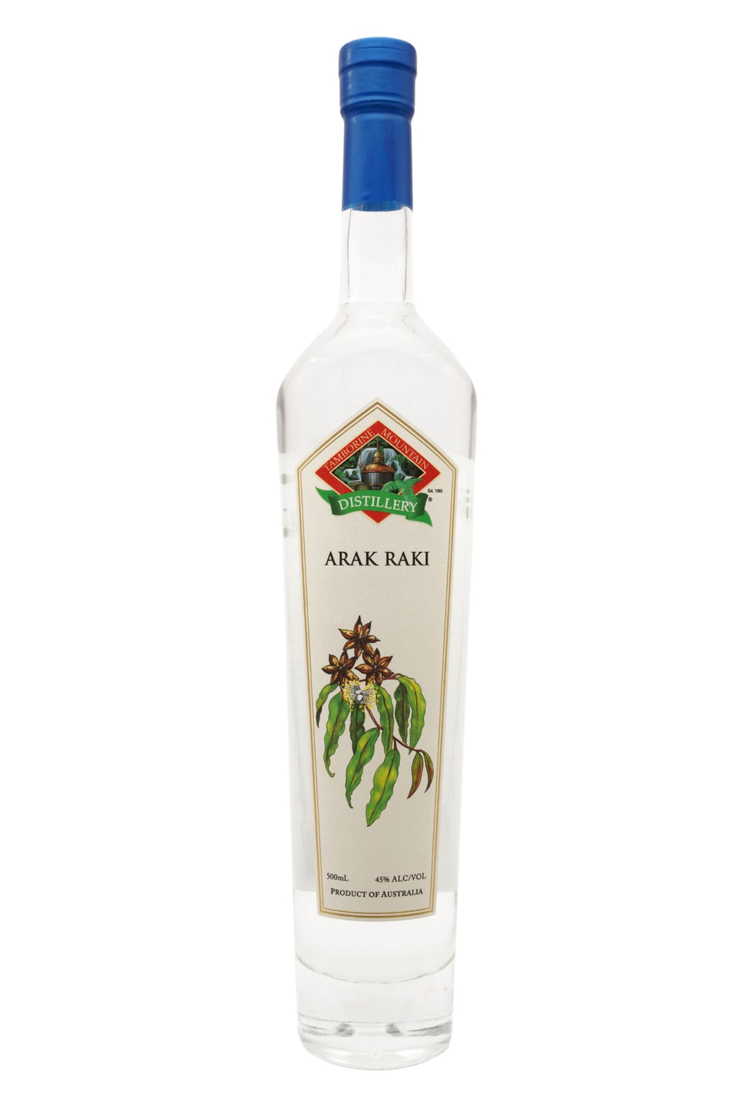 Front view of 500ml handcrafted clear glass bottle of Tamborine Mountain Distillery’s Arak Raki, featuring a label and a watercolour design