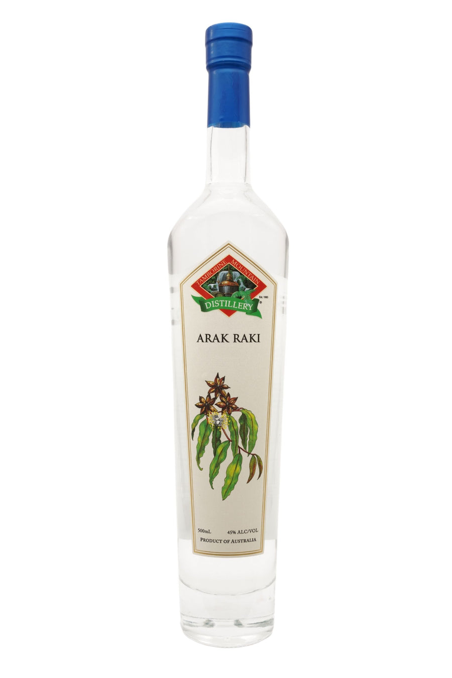 Front view of 500ml handcrafted clear glass bottle of Tamborine Mountain Distillery’s Arak Raki, featuring a label and a watercolour design