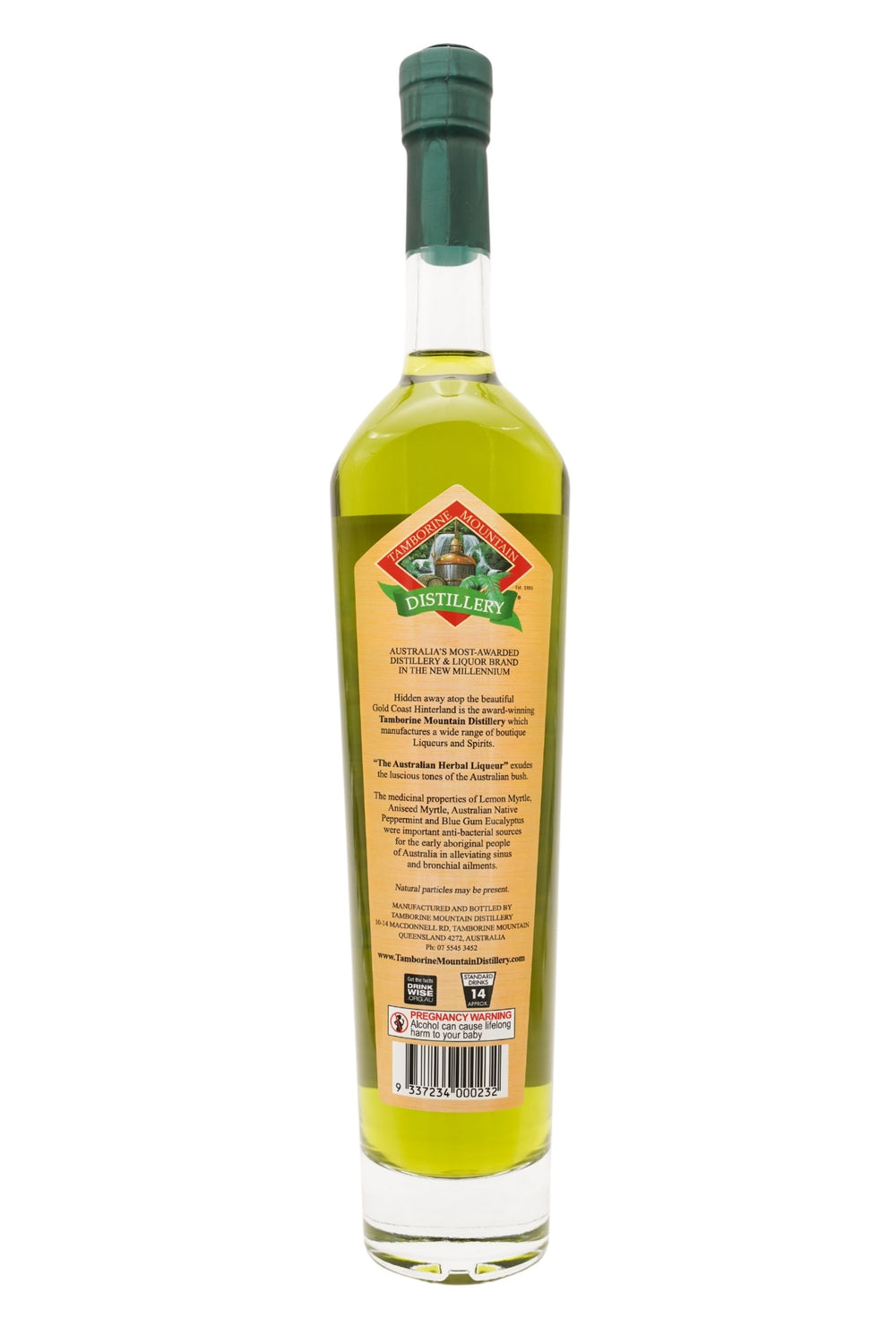 Back view of 500ml handcrafted clear glass bottle of Tamborine Mountain Distillery’s Australian Herbal Liqueur, featuring an Australian landscape label design