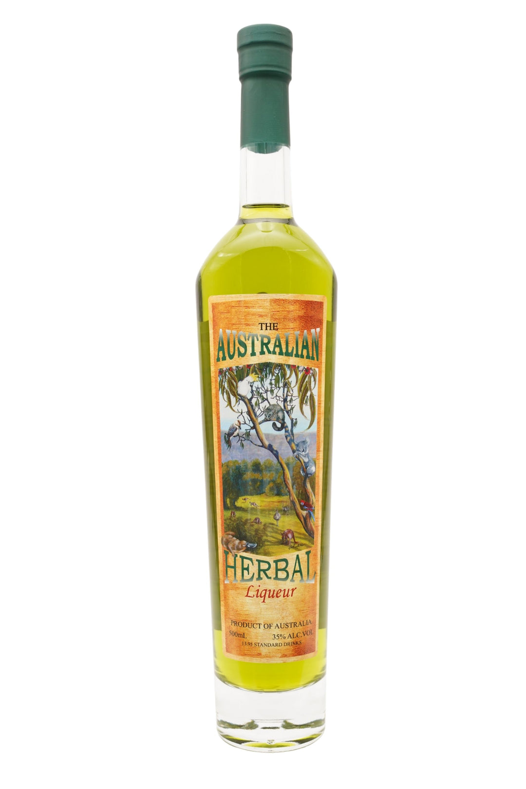 Front view of 500ml handcrafted clear glass bottle of Tamborine Mountain Distillery’s Australian Herbal Liqueur, featuring an Australian landscape label design