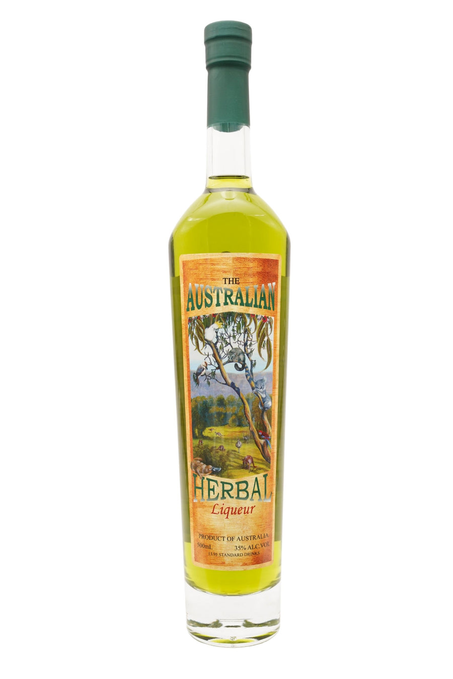 Front view of 500ml handcrafted clear glass bottle of Tamborine Mountain Distillery’s Australian Herbal Liqueur, featuring an Australian landscape label design