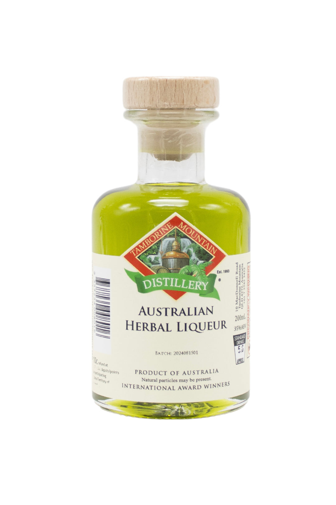 200ml handcrafted bottle of Tamborine Mountain Distillery’s Australian Herbal Liqueur, in clear glass with small artisan label