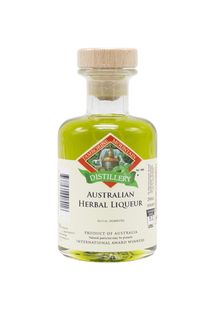 200ml handcrafted bottle of Tamborine Mountain Distillery’s Australian Herbal Liqueur, in clear glass with small artisan label