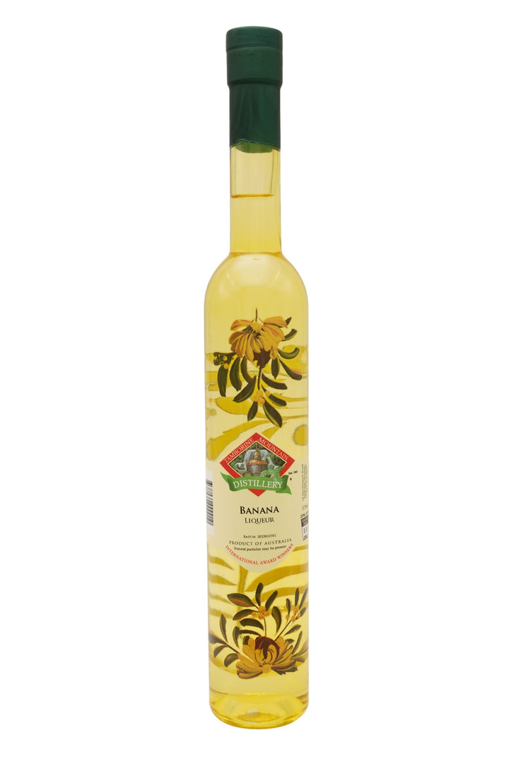375ml handcrafted bottle of Tamborine Mountain Distillery’s Banana Liqueur, featuring botanical artwork, coloured glass, and small artisan label