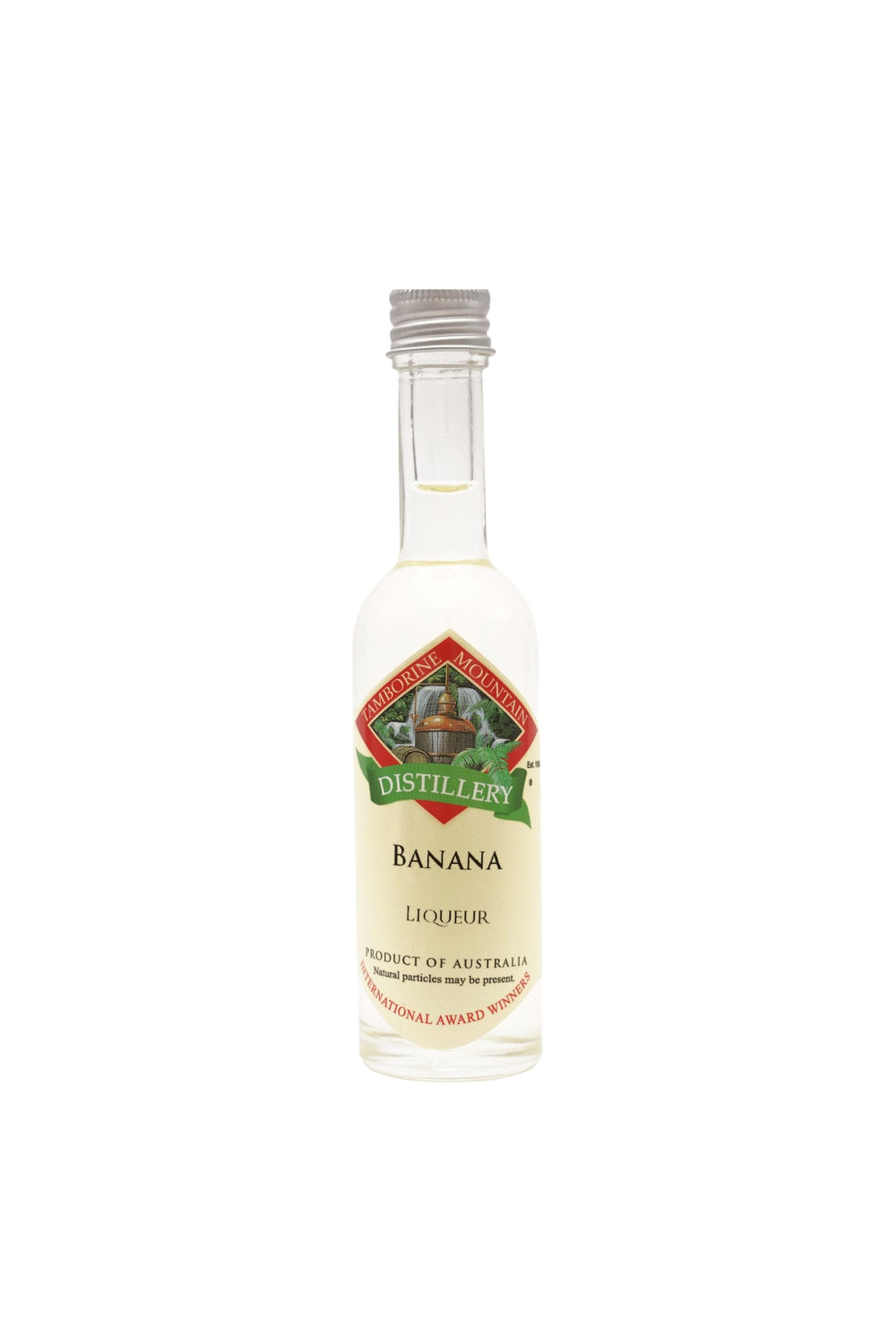 55ml handcrafted bottle of Tamborine Mountain Distillery’s Banana Liqueur, in clear glass with small artisan label