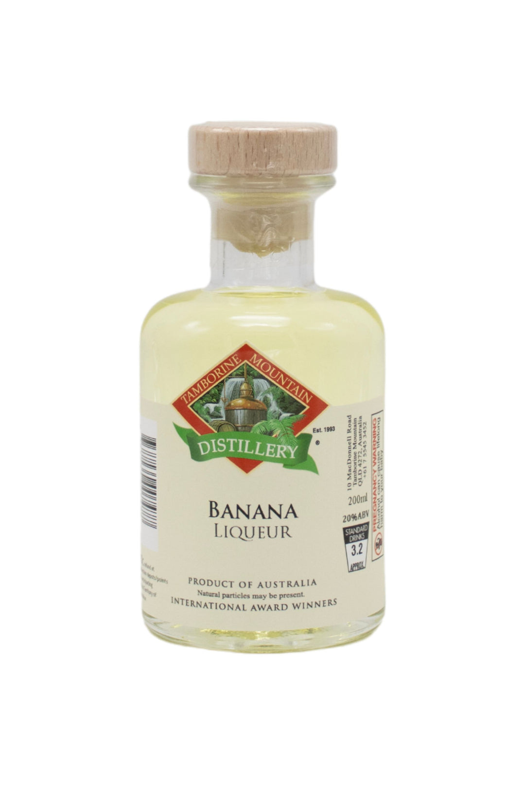 200ml handcrafted bottle of Tamborine Mountain Distillery’s Banana Liqueur, in clear glass with small artisan label