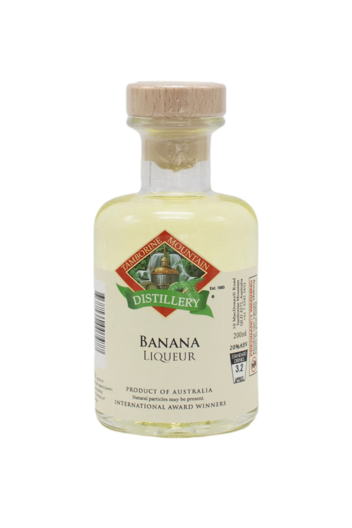 200ml handcrafted bottle of Tamborine Mountain Distillery’s Banana Liqueur, in clear glass with small artisan label