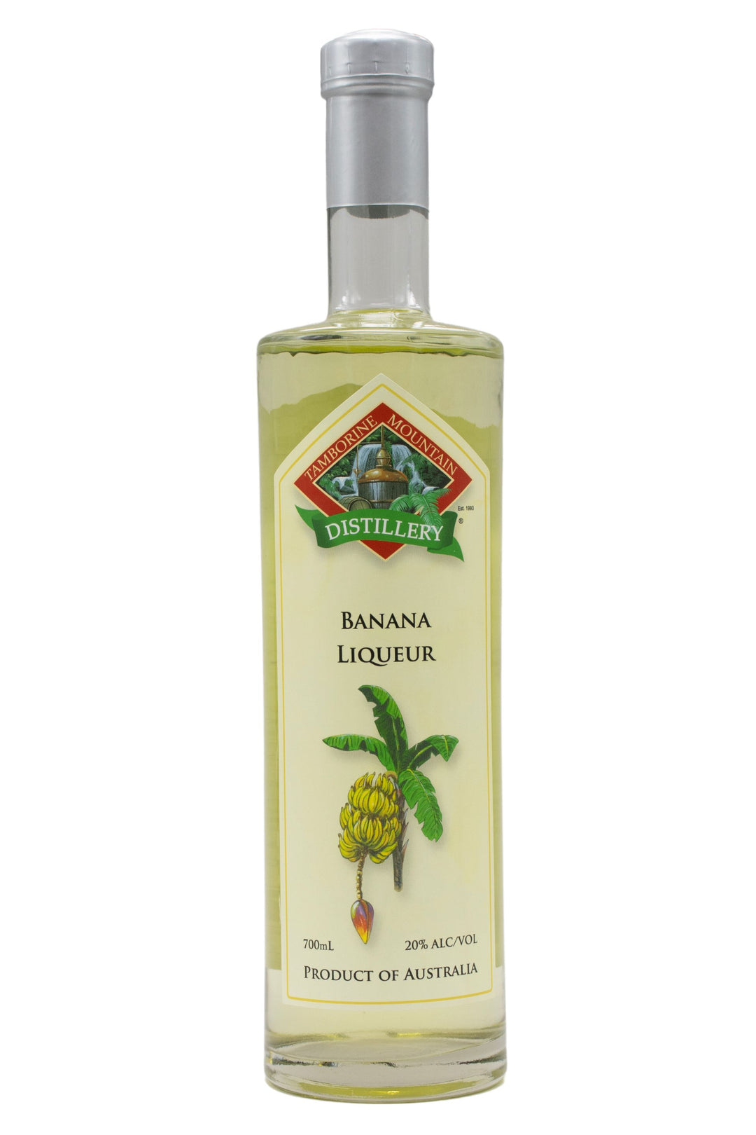 700ml clear glass bottle of Tamborine Mountain Distillery Banana Liqueur, featuring a watercolour-style illustrated label reflecting its flavour profile.