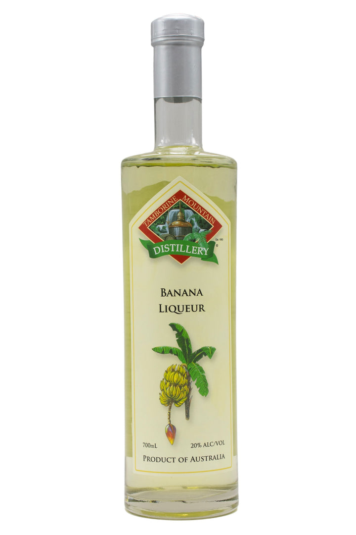 700ml clear glass bottle of Tamborine Mountain Distillery Banana Liqueur, featuring a watercolour-style illustrated label reflecting its flavour profile.