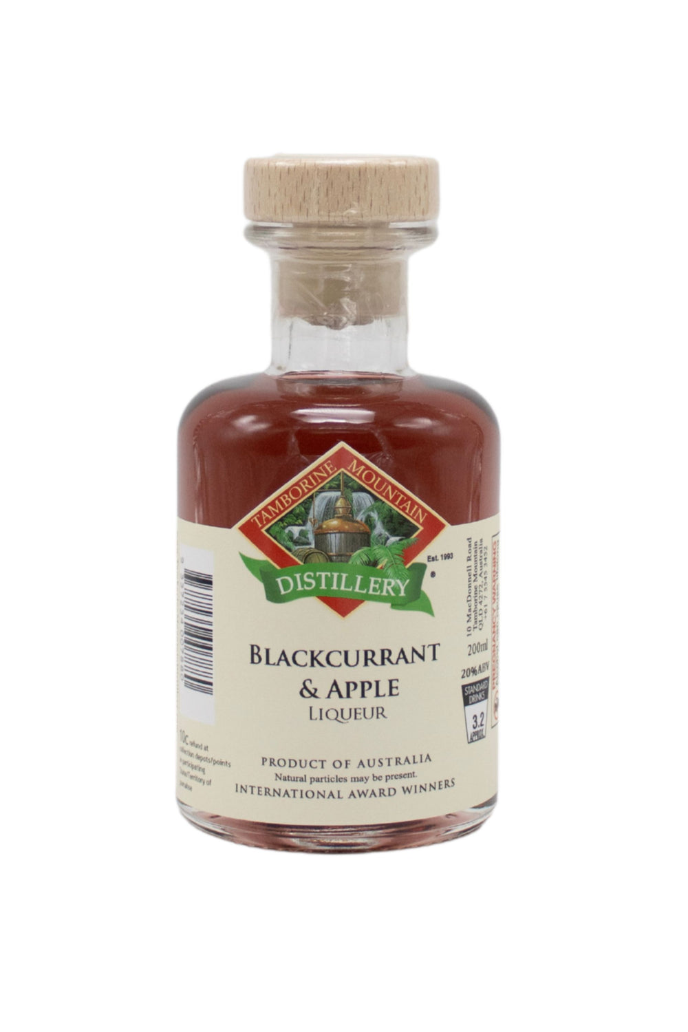 200ml handcrafted bottle of Tamborine Mountain Distillery’s Blackcurrant & Apple Liqueur, in clear glass with small artisan label
