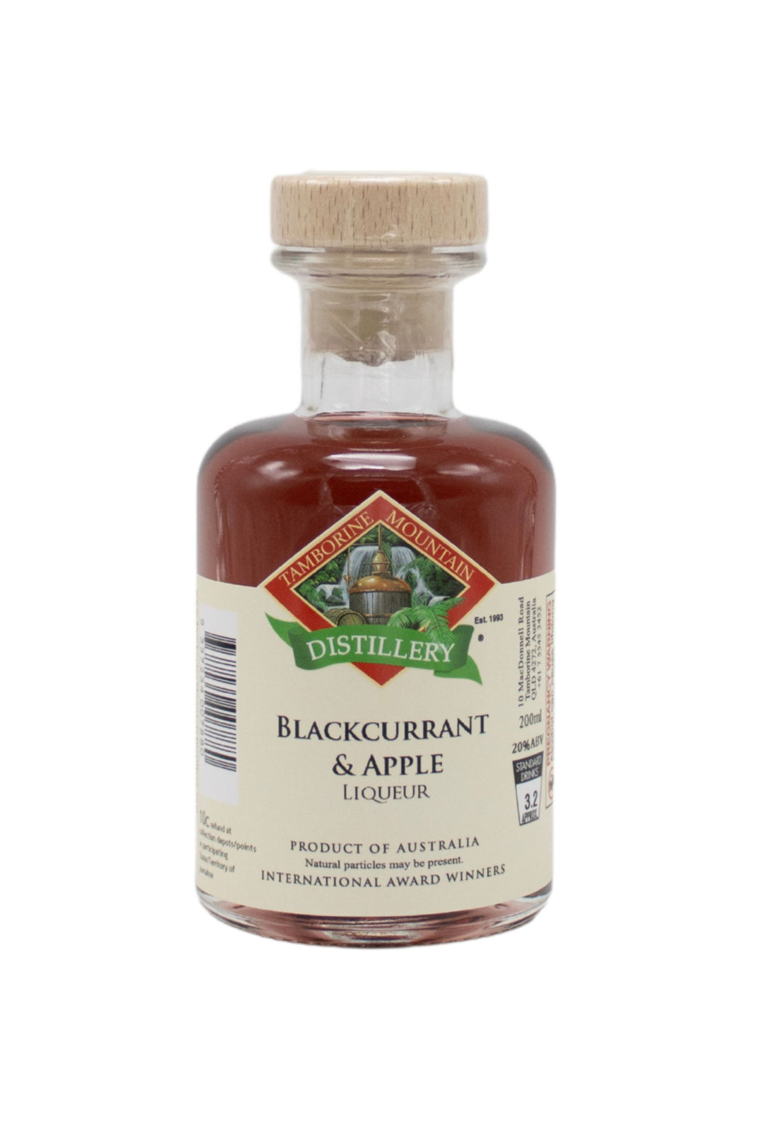 200ml handcrafted bottle of Tamborine Mountain Distillery’s Blackcurrant & Apple Liqueur, in clear glass with small artisan label