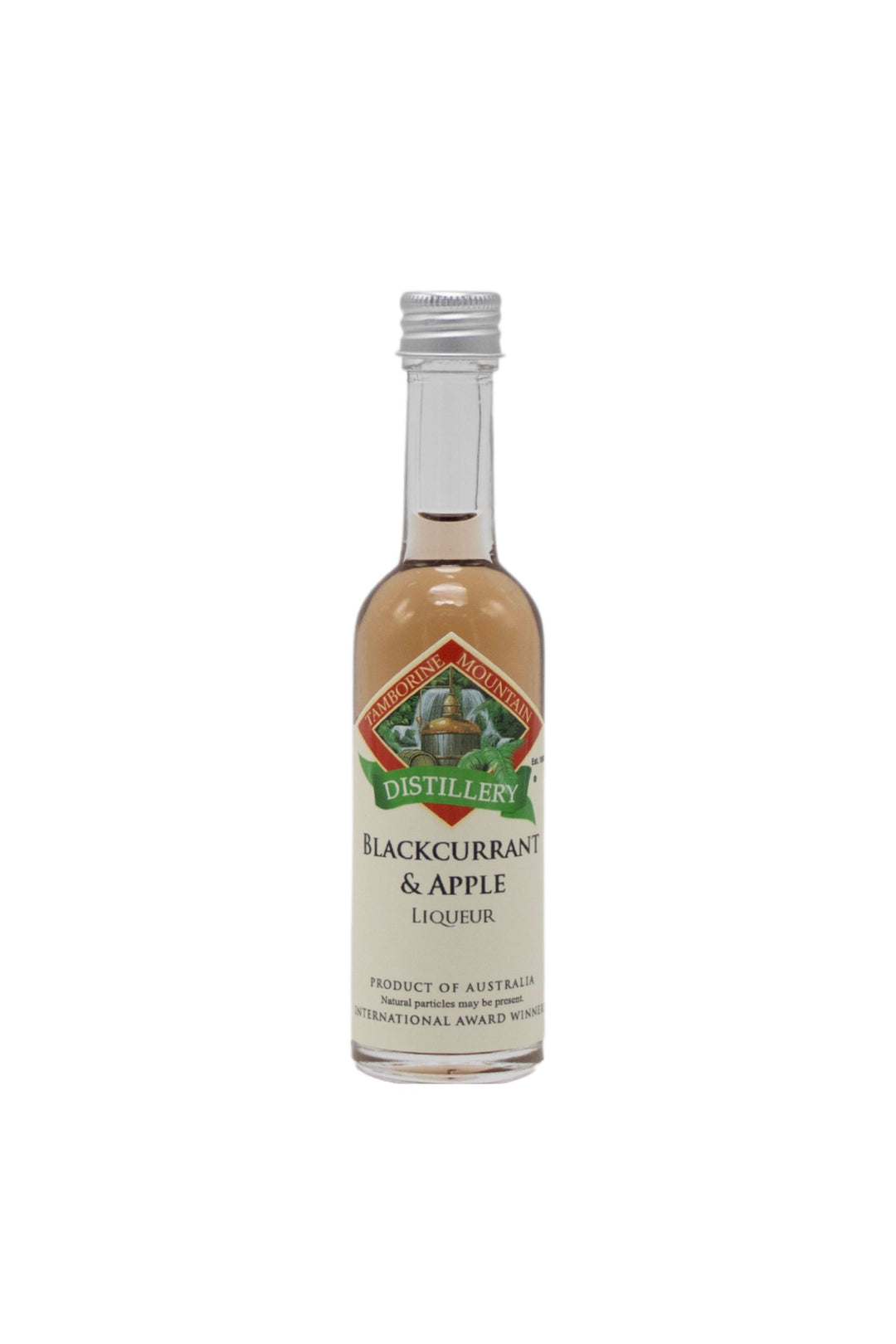 55ml handcrafted bottle of Tamborine Mountain Distillery’s Blackcurrant & Apple Liqueur, in clear glass with small artisan label