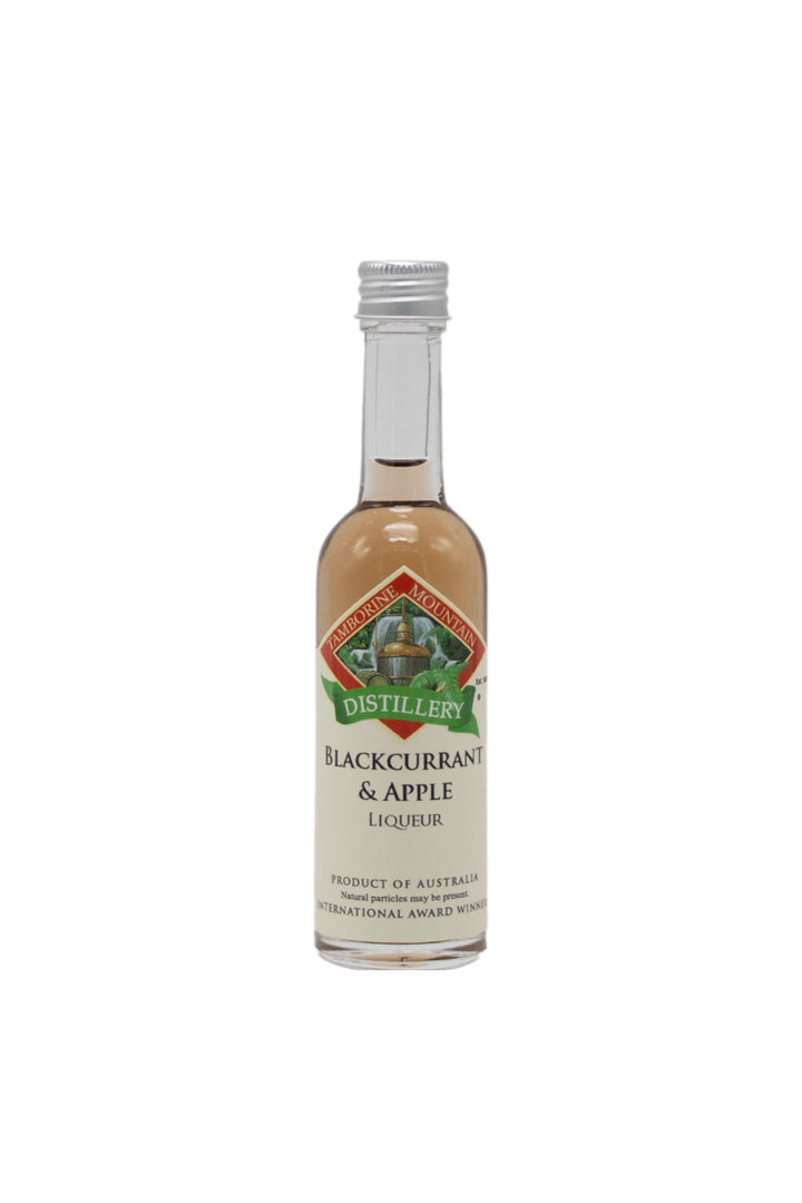 55ml handcrafted bottle of Tamborine Mountain Distillery’s Blackcurrant & Apple Liqueur, in clear glass with small artisan label