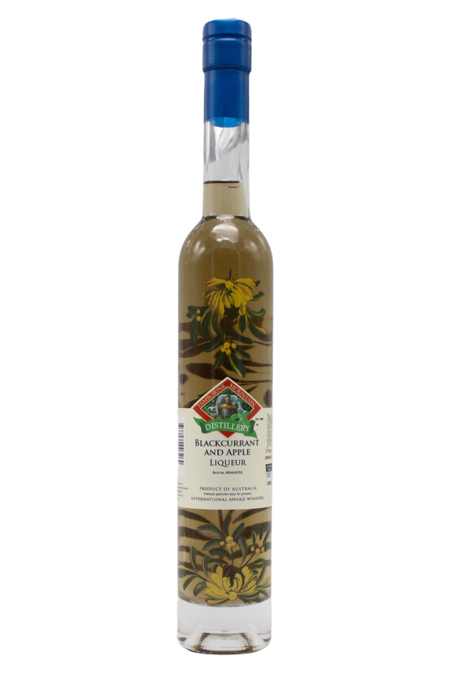 375ml handcrafted bottle of Tamborine Mountain Distillery’s Blackcurrant & Apple Liqueur, featuring botanical artwork, coloured glass, and small artisan label