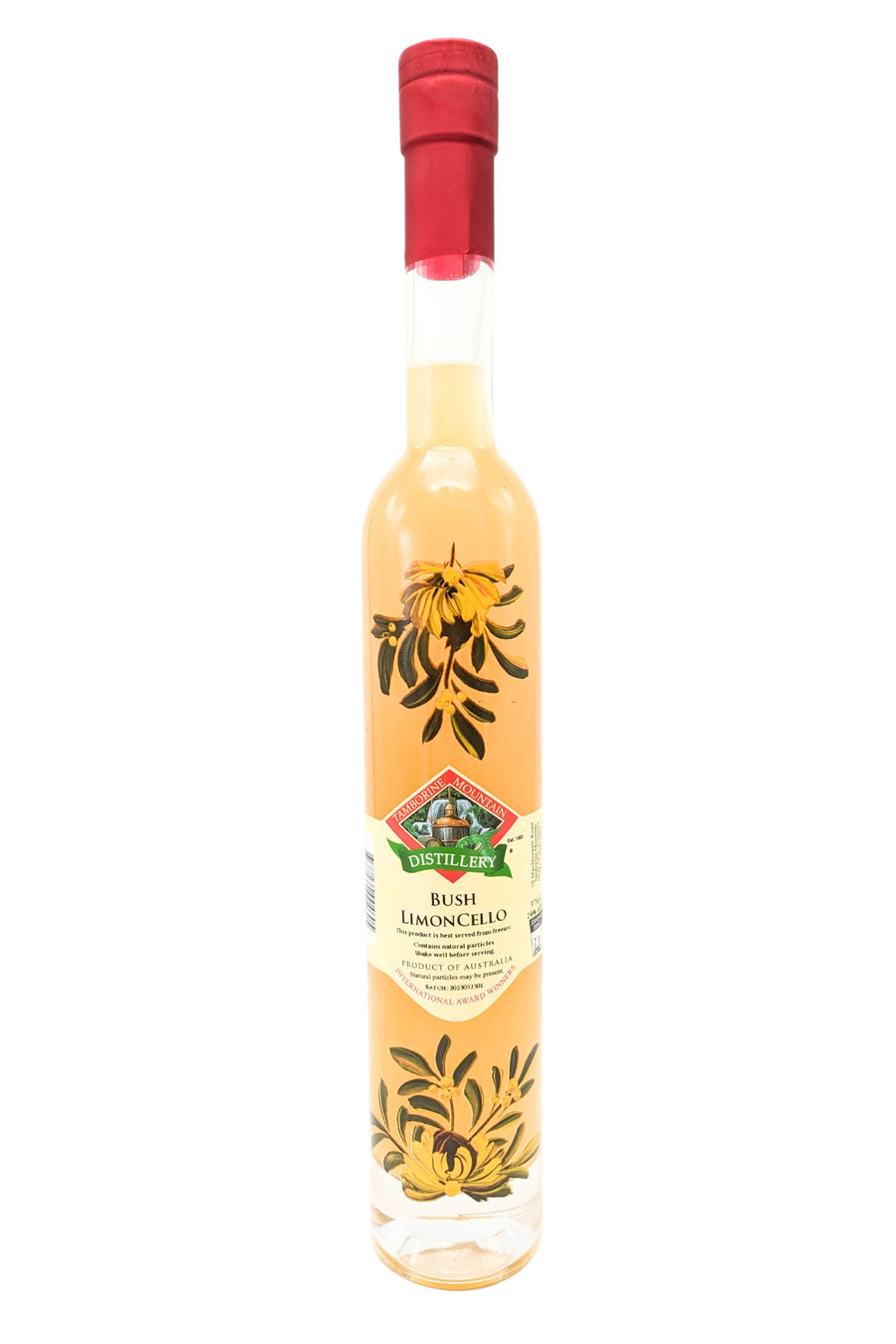 375ml handcrafted bottle of Tamborine Mountain Distillery’s Bush Limoncello, featuring botanical artwork, coloured glass, and small artisan label