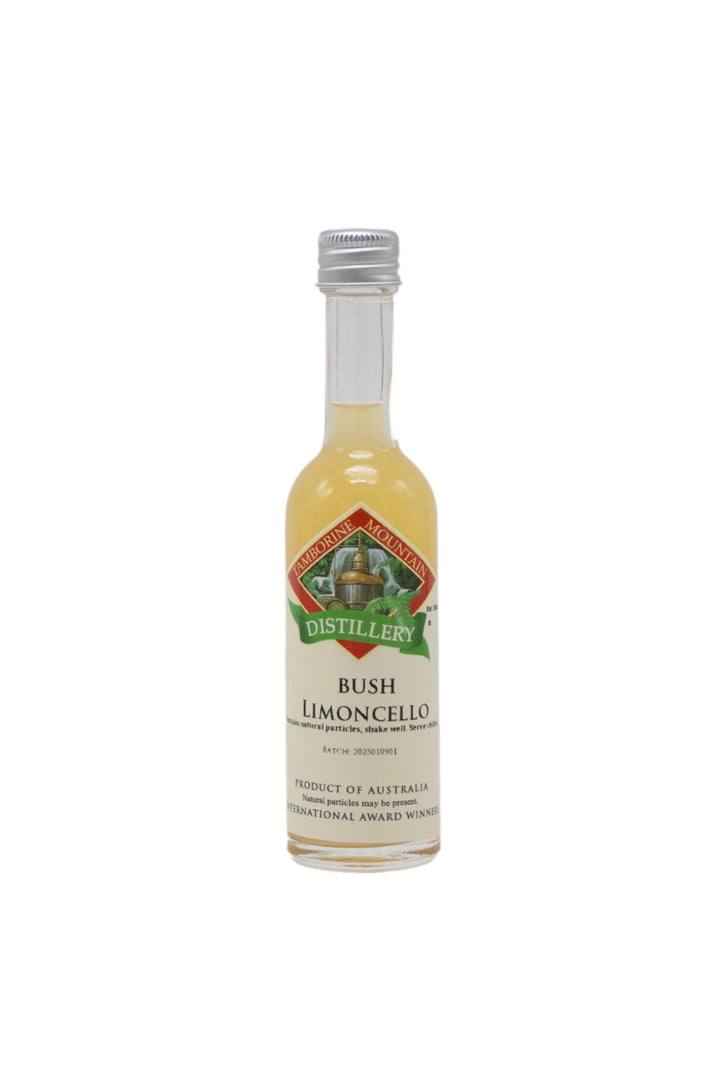 55ml handcrafted bottle of Tamborine Mountain Distillery’s Bush Limoncello, in clear glass with small artisan label