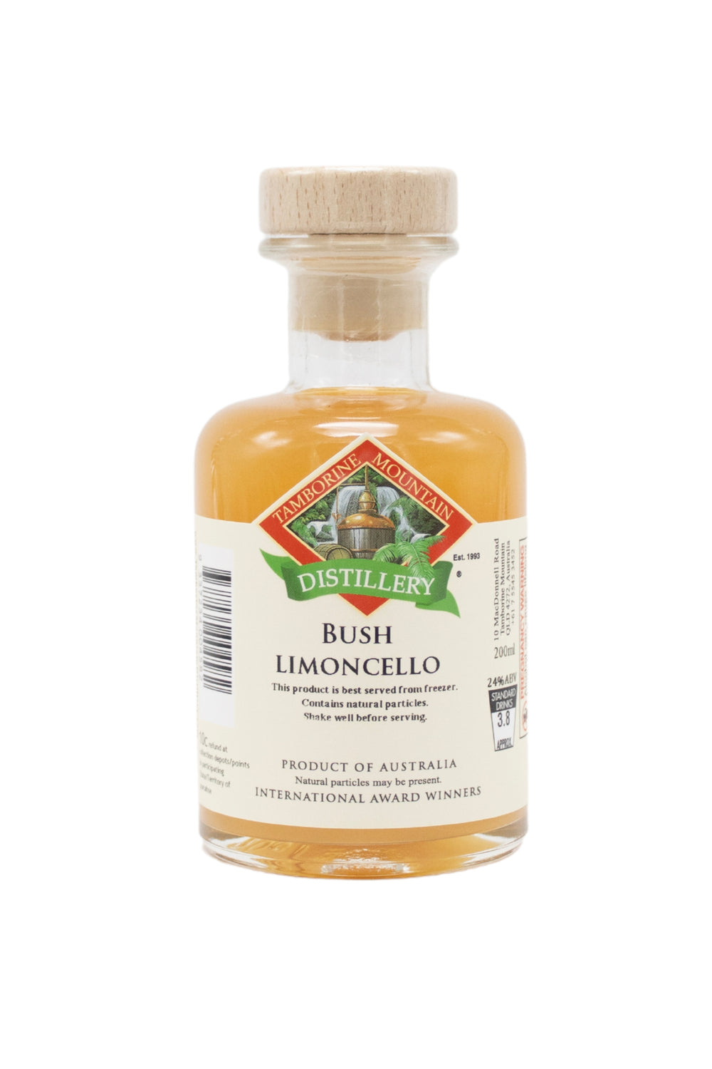 200ml handcrafted bottle of Tamborine Mountain Distillery’s Bush Limoncello, in clear glass with small artisan label