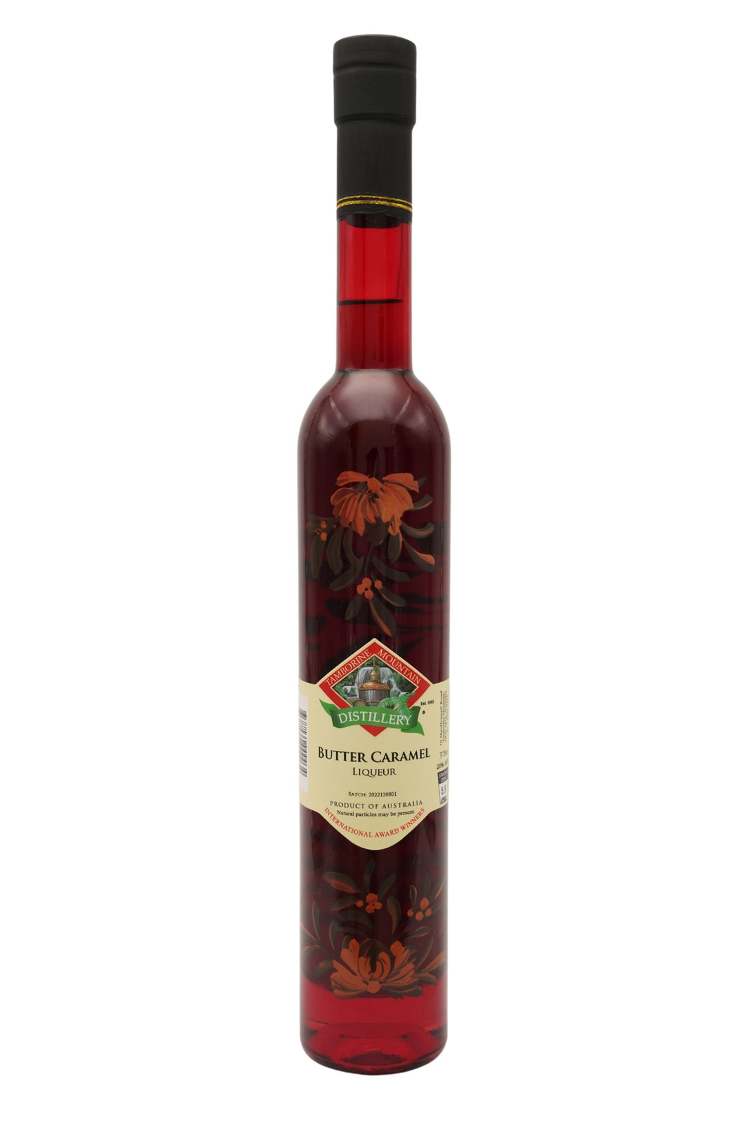 375ml handcrafted bottle of Tamborine Mountain Distillery’s Butter Caramel Liqueur, featuring botanical artwork, coloured glass, and small artisan label