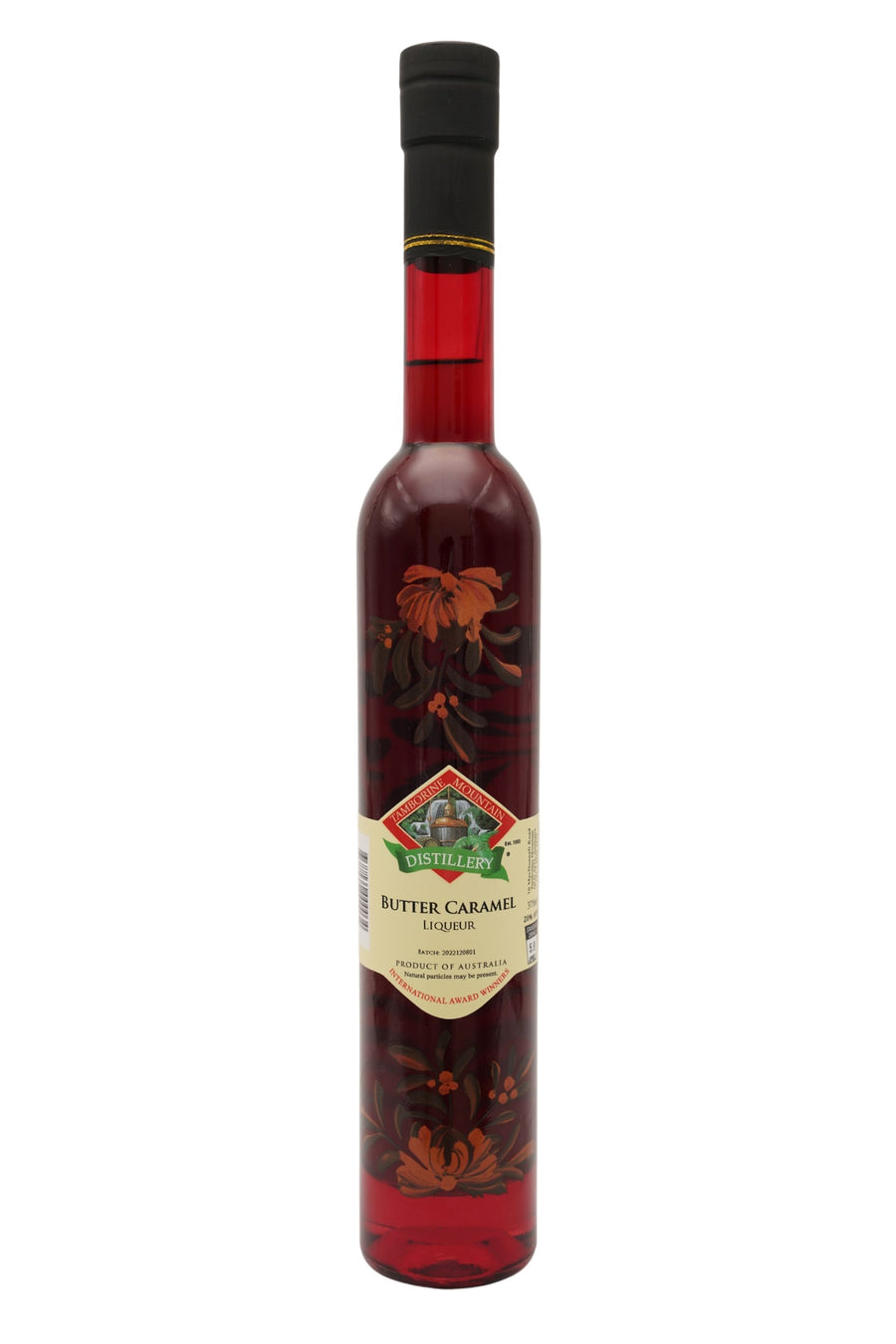 375ml handcrafted bottle of Tamborine Mountain Distillery’s Butter Caramel Liqueur, featuring botanical artwork, coloured glass, and small artisan label