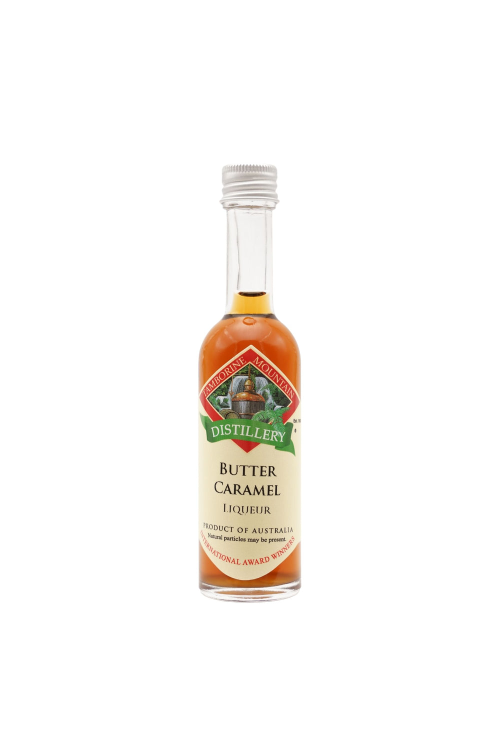 55ml handcrafted bottle of Tamborine Mountain Distillery’s Butter Caramel Liqueur, in clear glass with small artisan label