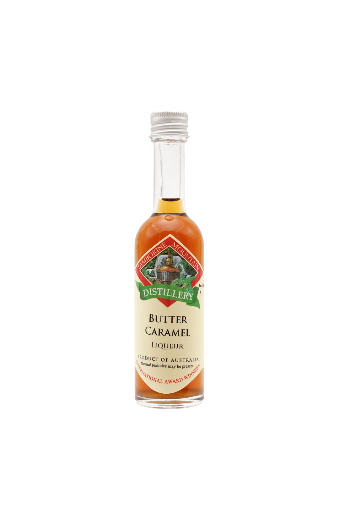55ml handcrafted bottle of Tamborine Mountain Distillery’s Butter Caramel Liqueur, in clear glass with small artisan label