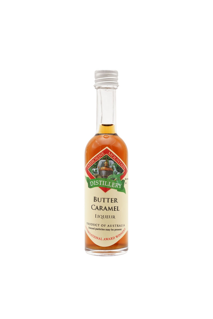 55ml handcrafted bottle of Tamborine Mountain Distillery’s Butter Caramel Liqueur, in clear glass with small artisan label