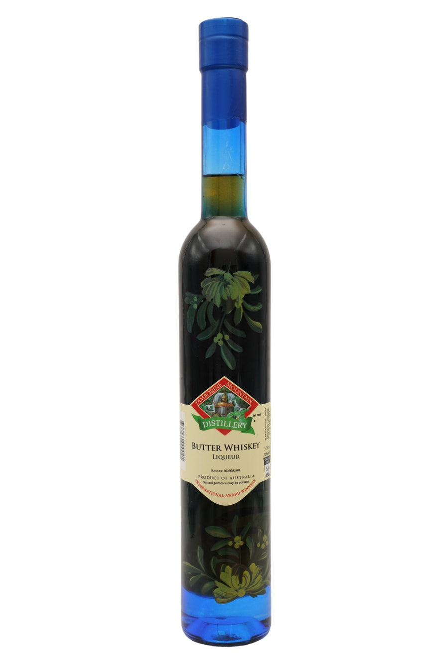 375ml handcrafted bottle of Tamborine Mountain Distillery’s Butter Whiskey Liqueur, featuring botanical artwork, coloured glass, and small artisan label