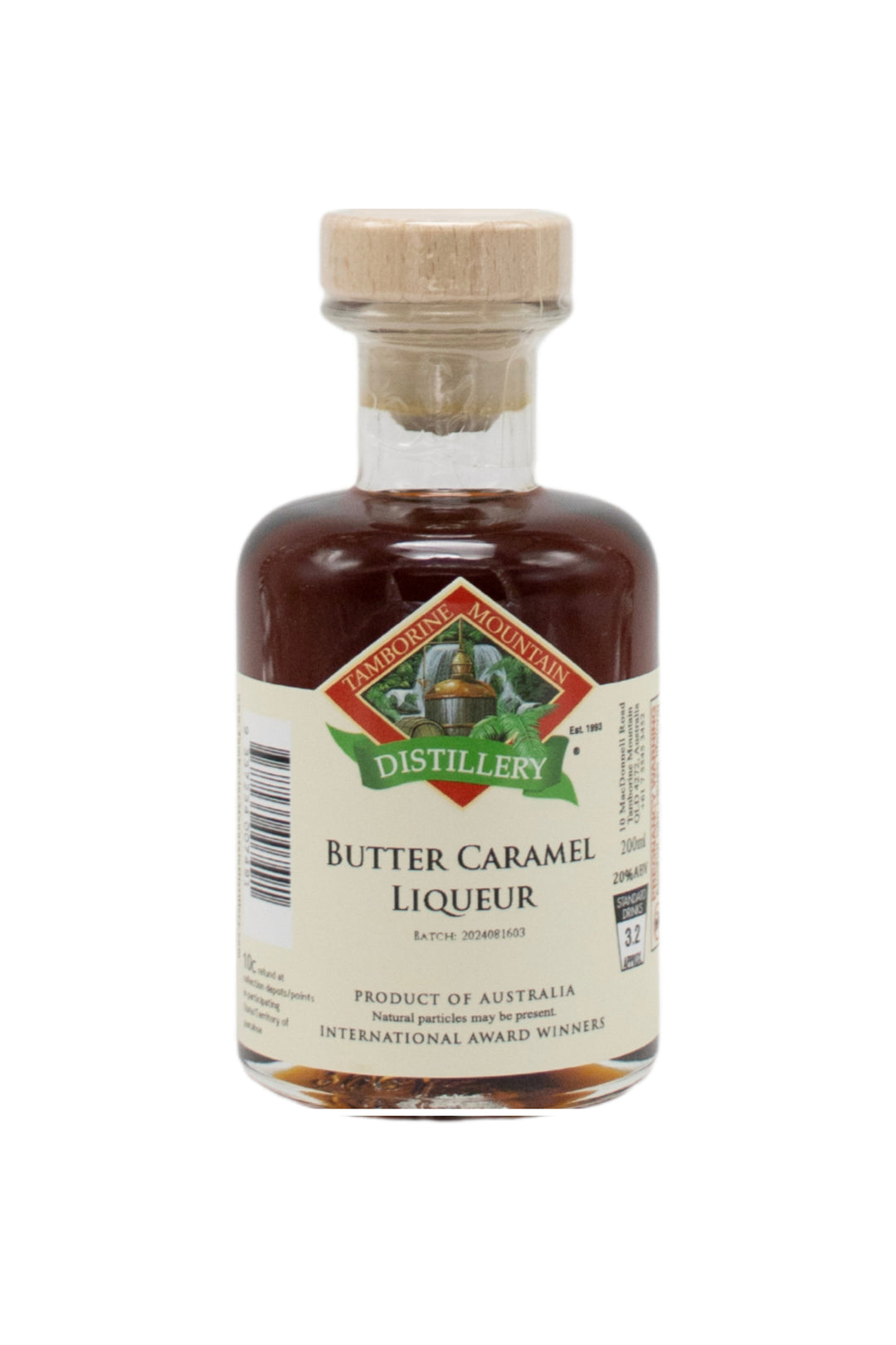 200ml handcrafted bottle of Tamborine Mountain Distillery’s Butter Caramel Liqueur, in clear glass with small artisan label