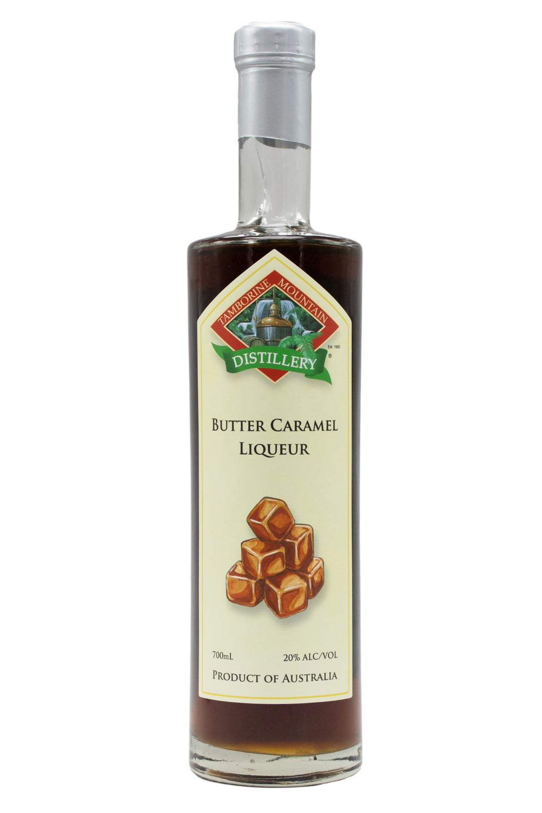 700ml clear glass bottle of Tamborine Mountain Distillery Butter Caramel Liqueur, featuring a watercolour-style illustrated label reflecting its flavour profile.