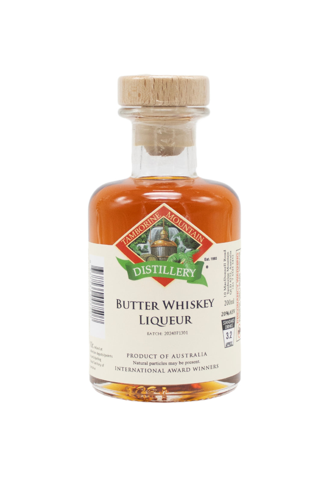 200ml handcrafted bottle of Tamborine Mountain Distillery’s Butter Whiskey Liqueur, in clear glass with small artisan label