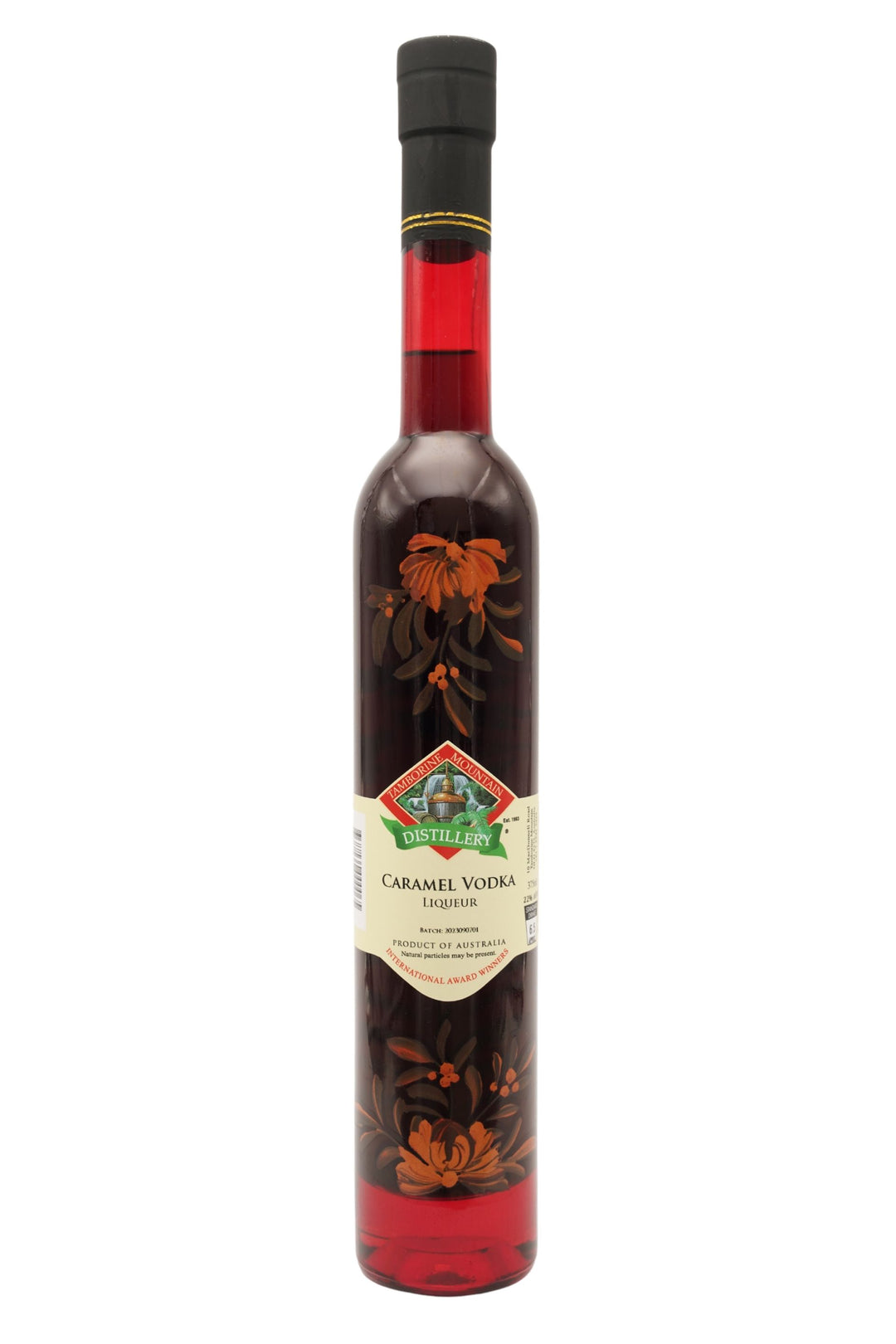 375ml handcrafted bottle of Tamborine Mountain Distillery’s Caramel Vodka Liqueur, featuring botanical artwork, coloured glass, and small artisan label