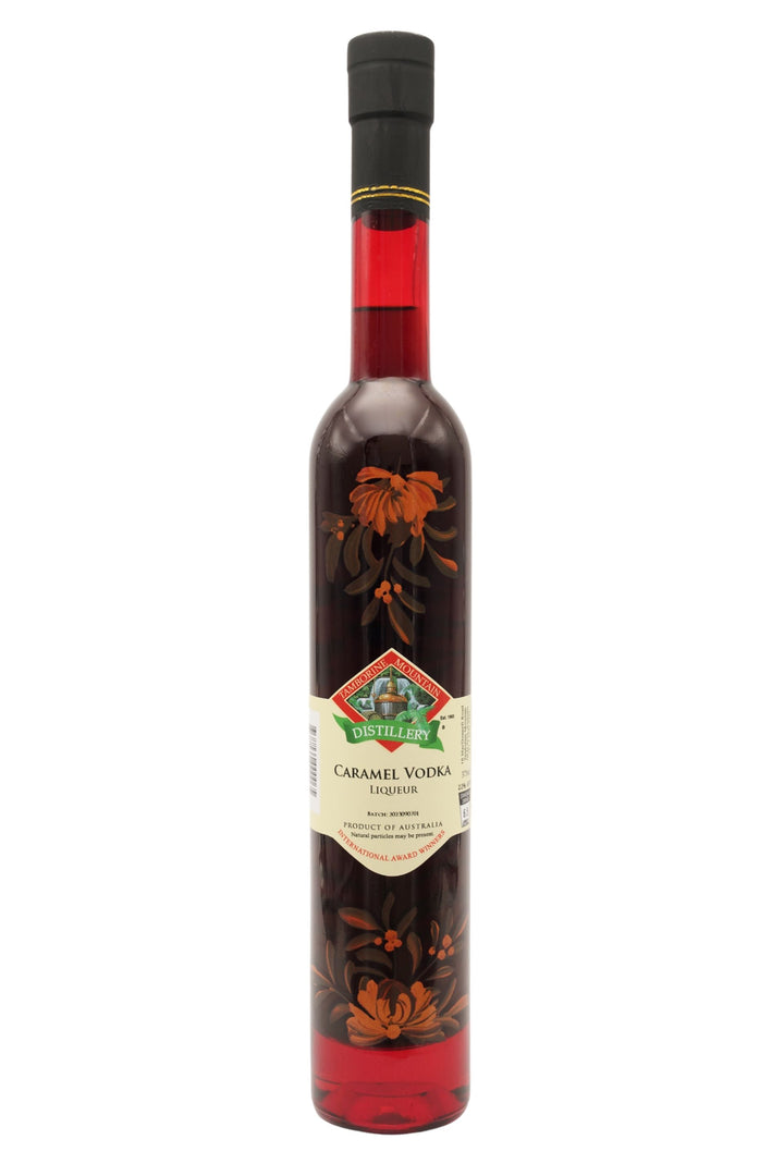 375ml handcrafted bottle of Tamborine Mountain Distillery’s Caramel Vodka Liqueur, featuring botanical artwork, coloured glass, and small artisan label
