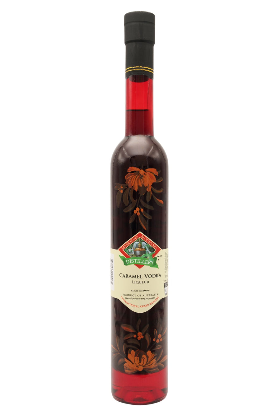 375ml handcrafted bottle of Tamborine Mountain Distillery’s Caramel Vodka Liqueur, featuring botanical artwork, coloured glass, and small artisan label