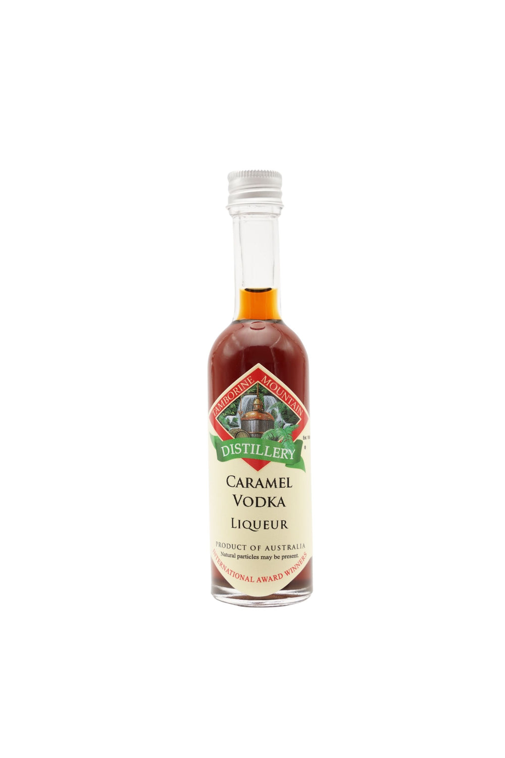 55ml handcrafted bottle of Tamborine Mountain Distillery’s Caramel Vodka Liqueur, in clear glass with small artisan label