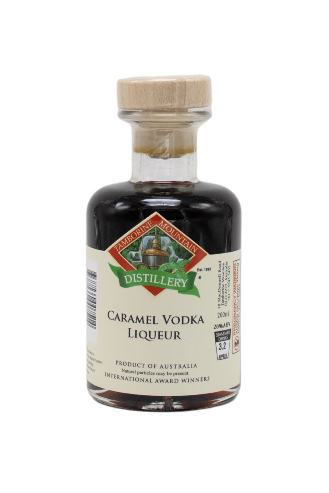 200ml handcrafted bottle of Tamborine Mountain Distillery’s Caramel Vodka Liqueur, in clear glass with small artisan label