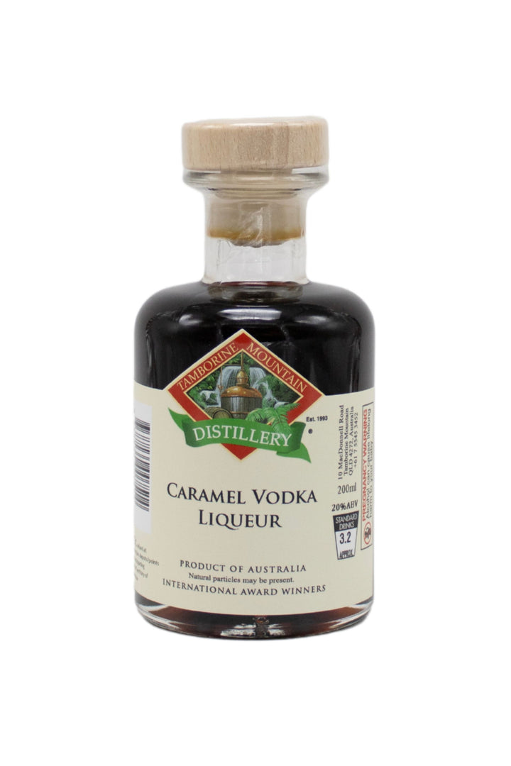 200ml handcrafted bottle of Tamborine Mountain Distillery’s Caramel Vodka Liqueur, in clear glass with small artisan label