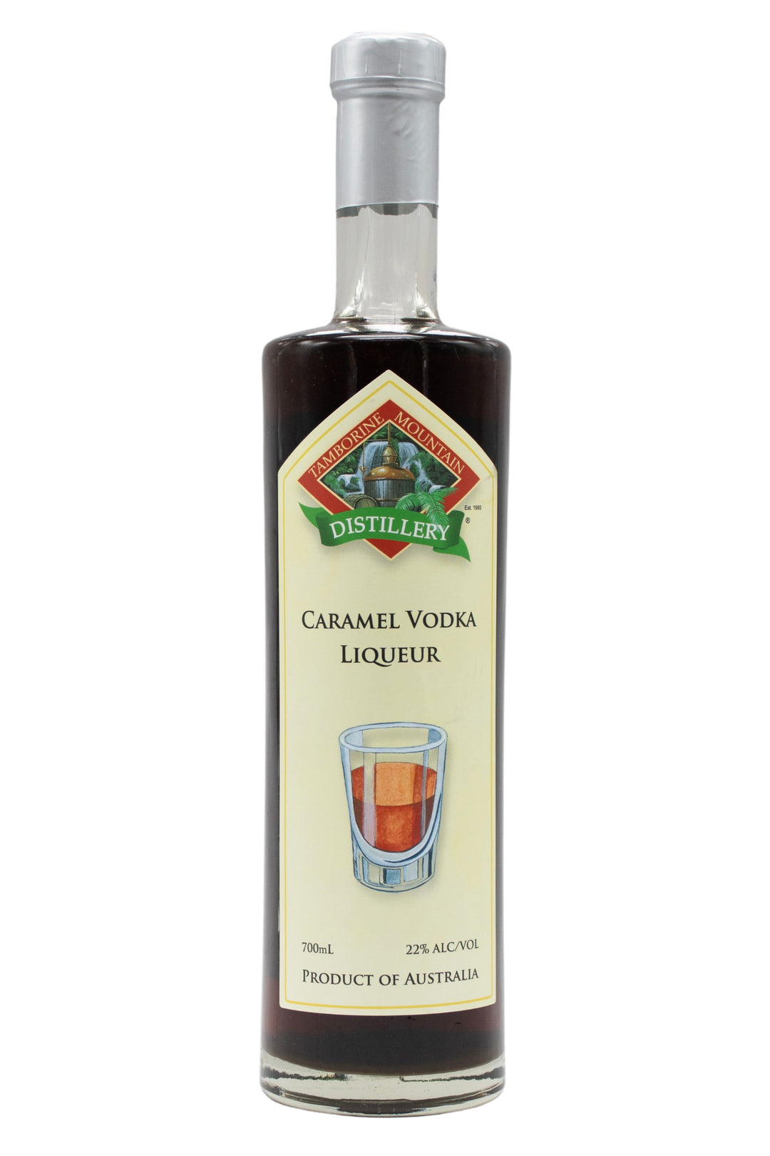 700ml clear glass bottle of Tamborine Mountain Distillery Caramel Vodka Liqueur, featuring a watercolour-style illustrated label reflecting its flavour profile.